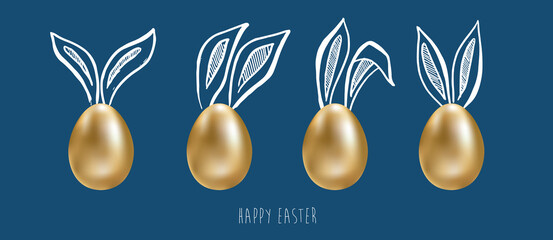 Easter. Set of rabbits's ears, Gold eggs. Hand drawn illustration.	

