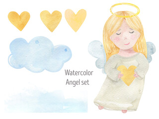Cute watercolor angel isolated on white background, Christmas angel, hearts, cloud