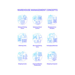 Warehouse management concept icons set. Reduce errors. Optimise stock managing technologies. Maximised use of building idea thin line RGB color illustrations. Vector isolated outline drawings