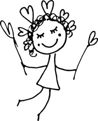 Hand-drawn careless sketch of a flying cartoon smiling girl in love, with hearts, curly hair and closed eyes. Print for Valentine's Day greeting cards. Overlay template. Vector illustration