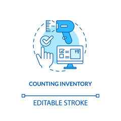 Counting inventory concept icon. Warehouse audit elements. Complete data entry after sending item. Business idea thin line illustration. Vector isolated outline RGB color drawing. Editable stroke