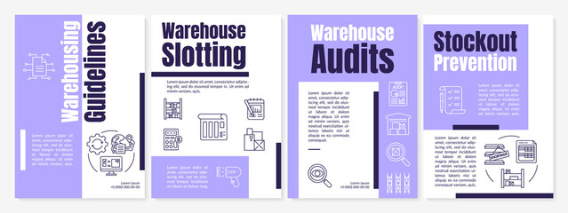 Warehousing guidelines purple brochure template. Stockout prevention. Flyer, booklet, leaflet print, cover design with linear icons. Vector layouts for magazines, annual reports, advertising posters