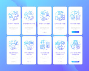 Naklejka premium Warehouse management dark blue onboarding mobile app page screen with concepts set. Logistics and shipping walkthrough 5 steps graphic instructions. UI vector template with RGB color illustrations