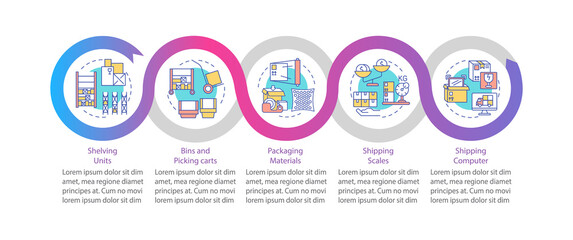 Storage onboarding vector infographic template. Warehouse management presentation design elements. Data visualization with 5 steps. Process timeline chart. Workflow layout with linear icons