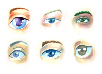 Human watercolor eyes of various colors in circles