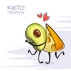 Color vector illustration of keto lifestyle. Funny dancing avocado and cheese characters. Cute cartoon characters with love emotions. Keto diet concept