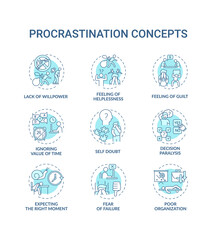 Procrastination concept icons set. Poor organization idea thin line RGB color illustrations. Guilt feeling. Ignoring time value. Decision paralysis. Vector isolated outline drawings. Editable stroke