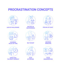 Procrastination concept icons set. Poor organization idea thin line RGB color illustrations. Expecting right moment. Failure fear. Self doubt. Decision paralysis. Vector isolated outline drawings