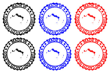Made in Turks and Caicos Islands - rubber stamp - vector, Turks and Caicos Islands map pattern - black, blue and red