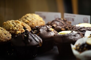 muffins lined up in pastry case