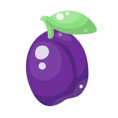 Fresh juicy violet plum fruit with bright green leaf isolated on white background. Vector illustration