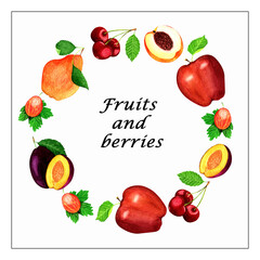 Beautiful circle wreath of garden fruits and berries,isolated on white background,in black frame.Summer watercolor hand painted illustration for template of cards,invitation,poster,printable,lables.