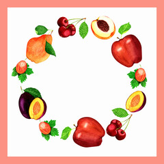 Beautiful circle wreath of garden fruits and berries,isolated on white background,in pink frame.Summer watercolor hand painted illustration for template of cards,invitation,poster,printable,lables.