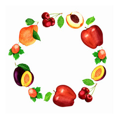 Beautiful circle frame of garden fruits and berries,isolated on white background.Summer watercolor hand painted illustration for template of cards,,invitation,poster,printable,lable and other designs.