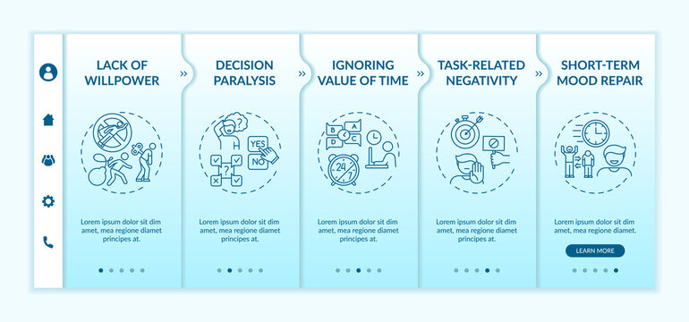 Delaying tasks habit reasons onboarding vector template. Short-term mood repair. Decision paralysis. Responsive mobile website with icons. Webpage walkthrough step screens. RGB color concept