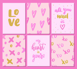 cute set of Valentine's day cards and posters with seamless patterns and lettering quotes. EPS 10