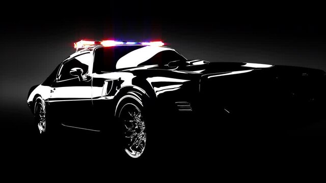 Sleek Black And White Police Interceptor Car With Flashing Lights, Neo-noir. Minimalistic 3d Car Animation