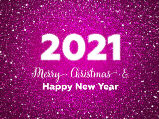 Merry Christmas and Happy New Year 2021 greeting card. White glowing text on a purple glitter gradient background