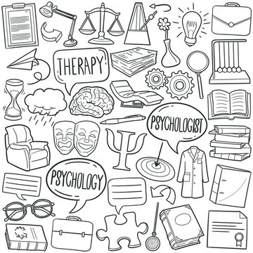 Psychology doodle icon set. Theraphy Vector illustration collection. Psychologist Hand drawn Line art style.