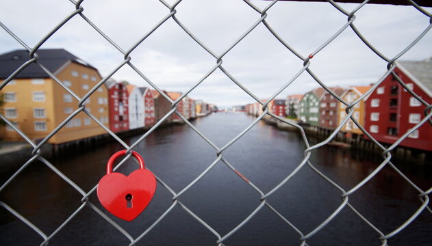 love lock, heart padlock on bridge fence in Trondheim