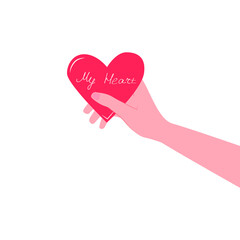 Vector illustration the hand is giving away the heart. Valentine's Day. Red heart with signature