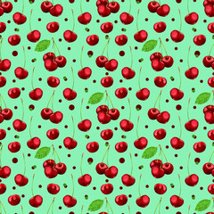 Watercolor seamless pattern of red ripe cherries with red dots.Hand drawn elements on blue background.For wrapping paper, fabrics,textiles and clothing, wallpaper,cards,packaging,wrapping papers.