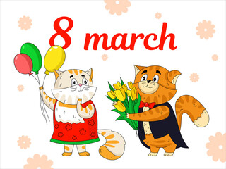 Beautiful greeting card with cats for March 8. Colorful template for decoration Women's day. Pair of cats with yellow tulips and ballons.