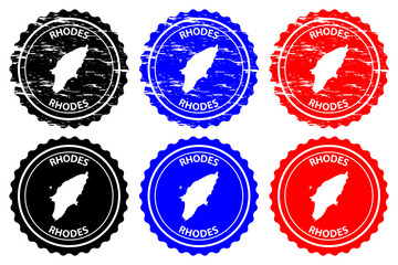Rhodes - rubber stamp - vector, Rhodes island map pattern - sticker - black, blue and red