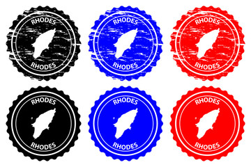 Obraz premium Rhodes - rubber stamp - vector, Rhodes island map pattern - sticker - black, blue and red