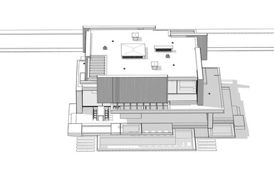 3d rendering of modern cozy house with parking and pool for sale or rent with wood plank facade.  Black line sketch with soft light shadows on white background.