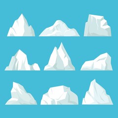 Geometric icebergs set. Floating blocks of ice in arctic ocean massive white surface with underwater hazard polar rock antarctic breaking away from coast and traveling by sea. Cold vector.