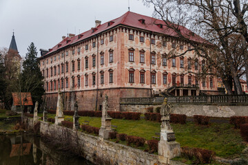Castle Libochovice with French style park and garden, Romantic baroque chateau in winter day, Litomerice district, Bohemia, Czech Republic
