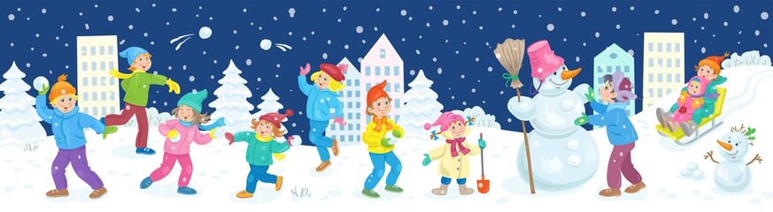Fototapeta premium Winter fun. Happy children playing snowballs, sledding, making a snowman in the winter city. Banner in cartoon style. On a dark blue background. Vector flat illustration
