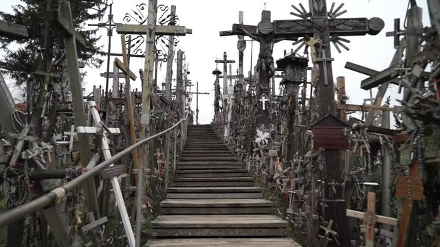 walking on the hill of crosses in Lithuania Europe