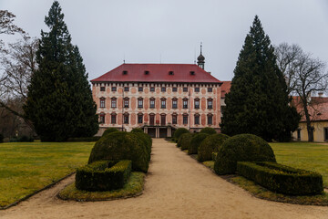 Fototapeta na wymiar Castle Libochovice with French style park and garden, Romantic baroque chateau in winter day, Front view, Litomerice district, Bohemia, Czech Republic