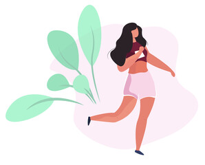 Woman character running marathon. Sport Jogging.  Girl is running around in the park, summer outdoor, race. Healthy lifestyle. Flat Vector Illustration