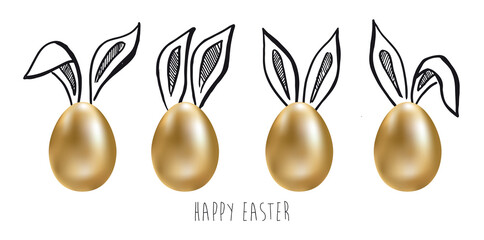 Easter. Set of rabbits's ears, Gold eggs. Hand drawn illustration.	