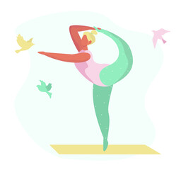 Woman practicing yoga pose.Woman doing stretching legs.Girl Doing Yoga and Aerobics Exercise.Healthy lifestyle.Standing with Hands Up on one leg.Sport Life Activity.Vector flat illustration