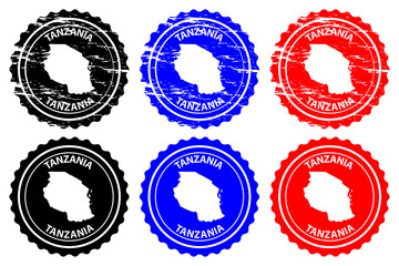 Tanzania - rubber stamp - vector, United Republic of Tanzania map pattern - sticker - black, blue and red