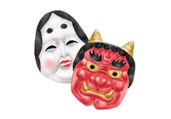 赤鬼とおかめのお面のセット　水彩風イラスト