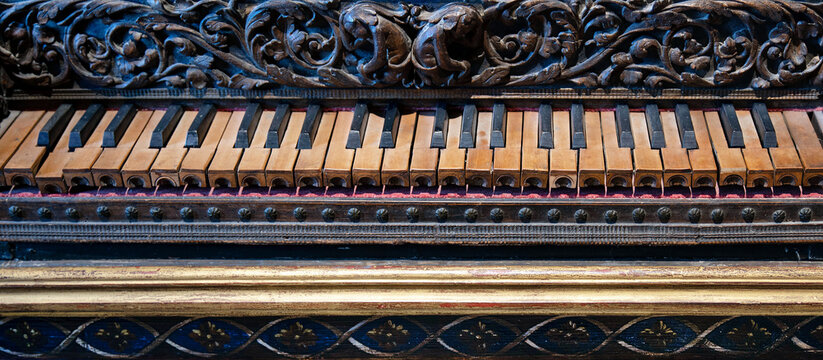 Close-up on the keyboard of a very old harpsichord