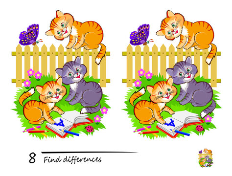 Find 8 differences. Illustration of medieval castle. Logic puzzle game for children and adults. Brain teaser book for kids. Developing counting skills. IQ test. Memory training for seniors.
