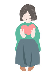 SDGsの項目5「ジェンダー平等を実現しよう」をわかりやすくイメージしたハートを抱きかかえる女性のポスター風手描きイラスト