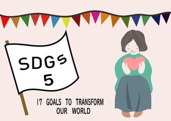 SDGsの項目5「ジェンダー平等を実現しよう」をわかりやすくイメージしたハートを抱きかかえる女性のポスター風手描きイラスト
