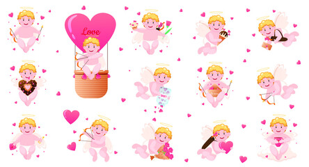 Set of small cherubs isolated on white background. Cartoon angels in different poses for Valentine's Day. Cute angels with a halo and wings. Vector illustration