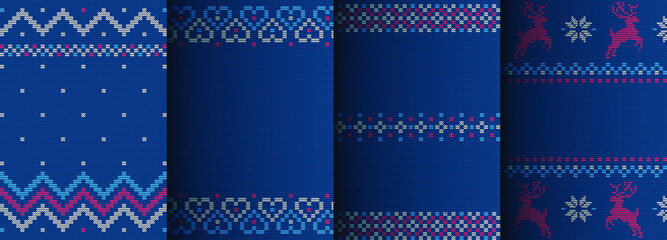 Collection of knitted seamless backgrounds. Blue knitted sweater with New Year and Christmas elements. Vector illustration