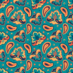 vector seamless pattern with hand drawn floral ornament in ethnical Indian style on blue background. pattern for printing on fabric, wrapping paper, clothes.
background for websites and applications