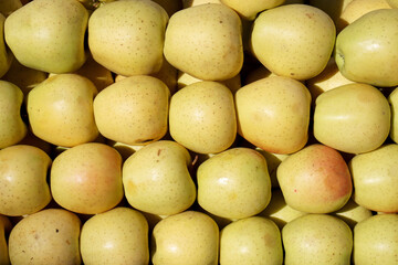 green and yellow apples in a market