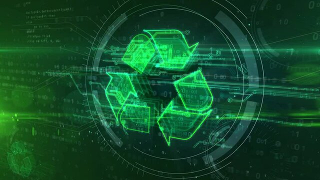 Recycling symbol, ecology, reuse icon, green technology and clean industry loop. Futuristic abstract concept 3d rendering animation.