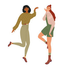 Woman friends on a white background. Funny cartoon girls dancing in casual clothes. Female friendship set. Vector illustration
